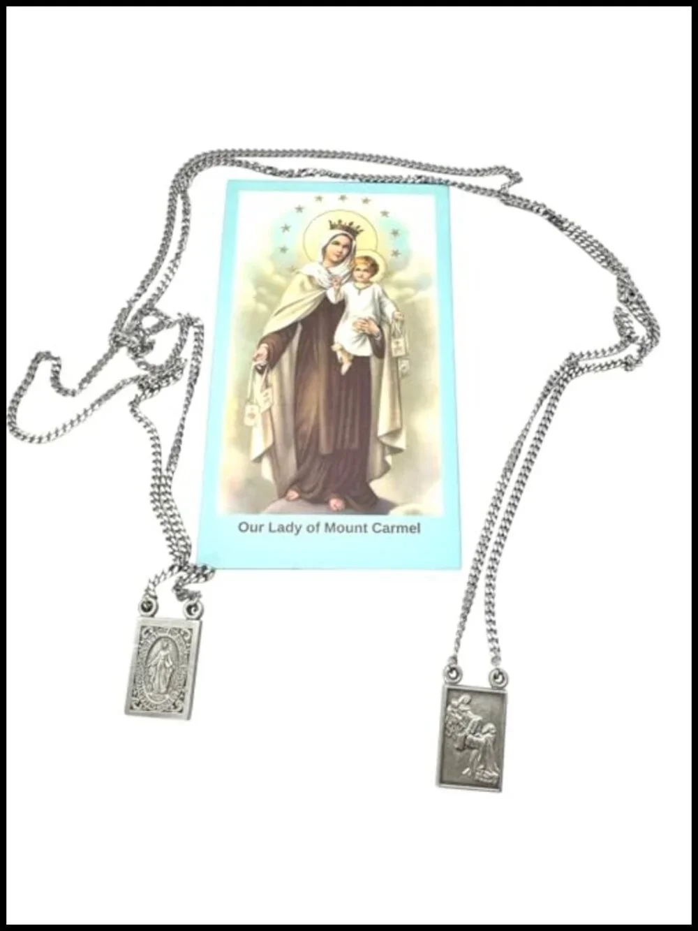Pewter Scapular Medal Necklace Stainless Steel Chain with Prayer Card Religious